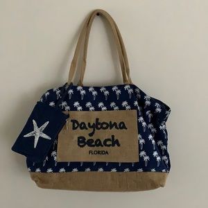 Daytona Beach Florida Tote Bag Palm Trees Navy Blue And White
